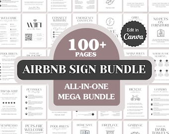 Plus de 100 enseignes Airbnb groupées ; Bienvenue, commodités, règles, instructions et plus encore ; Modèles de toile modifiables ; Lettre US, A4, 5 x 7 ; Téléchargement imprimable