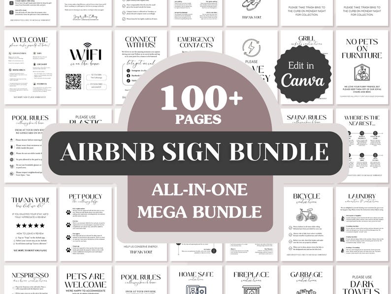 Pacote com mais de 100 placas para Airbnb: Boas-vindas, Comodidades, Regras, Instruções e muito mais; Modelos editáveis do Canva; Formatos Carta (EUA), A4 e 5x7; Download para impressão imagem 1