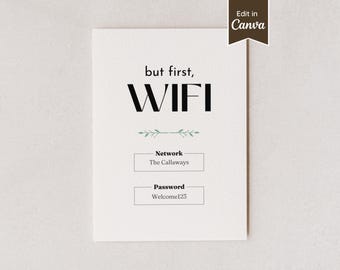 Modern "But First, WiFi" Password Sign; Editable / Printable Template; US Letter, A4, 5x7, 8x10; Small Business, Airbnb, Home Office, Events