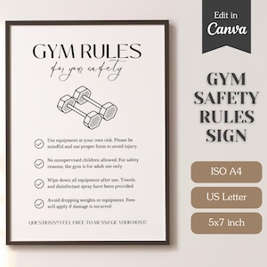 Letrero con normas e instrucciones de seguridad para gimnasios, negocios, alquileres vacacionales y Airbnb (A4, carta de EE. UU., 5x7); letrero imprimible y plantilla editable de Canva.