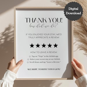 Letrero "Por favor, deje una reseña"; Solicitud de comentarios; Airbnb, alquiler, pequeñas empresas; Carta de EE. UU., A4, 5x7; Letrero imprimible y plantilla de Canva personalizable