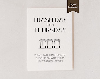 Trash Day is Thursday Sign for Airbnb or Rental; Garbage & Recycling Info; A4/US Letter/5x7/8x10