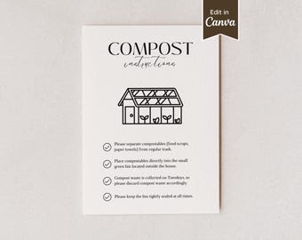 Composting Instructions Sign; Trash Sorting Guide for Compostables; Customizable Canva Template ; A4, US Letter, 5x7, 8x10; Edit & Print