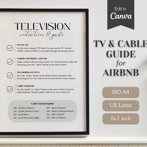 Letrero con guía de canales de televisión y cable de Airbnb; instrucciones para Roku TV, Netflix, control remoto; letrero para alquiler; edición e impresión; A4, carta de EE. UU., 5 x 7