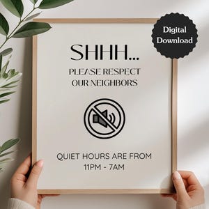 Panneau Heures calmes pour Airbnb ; Respecter nos voisins ; Pas de fêtes bruyantes ; Politique de location du VRBO ; Lettre US, A4,5x7 ; Panneau imprimable et modèle de toile