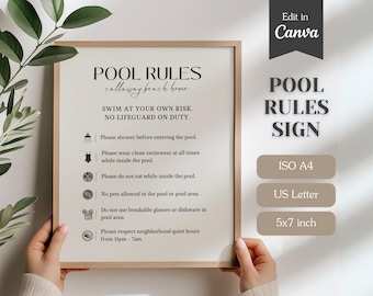 Pool Rules & Safety Sign for Airbnb or VRBO Rental, FULLY Customizable on Canva, A4 US Letter, Swimming Pool + Hot Tub Instructions Template