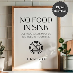 Letrero de "No comer en el fregadero" para Airbnb, alquileres, cafeterías y pequeñas empresas; normas para fiestas; tamaño carta (A4, 5 x 7); imprimible y plantilla personalizable de Canva.