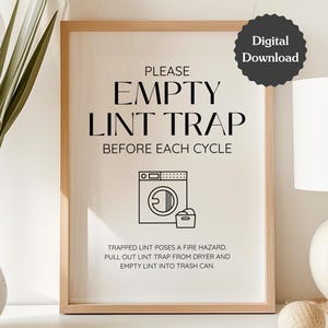 Letrero de trampa de pelusa vacía para lavandería de Airbnb; limpie el respiradero de la secadora antes de usar el letrero de Airbnb; carta de EE. UU., A4, 5x7; descarga imprimible y plantilla de Canva