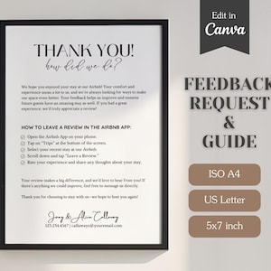 Letrero para dejar comentarios; Por favor, deje una reseña; Airbnb, alquiler, pequeñas empresas; Carta (A4, 5x7); Letrero imprimible y plantilla personalizable.
