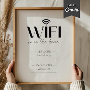 Letrero de contraseña de WiFi personalizable; tamaño carta (A4, 5x7); plantilla de Canva totalmente editable e imprimible; para pequeñas empresas, Airbnb, oficinas, hogares y eventos.