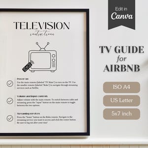 Letrero con instrucciones para televisores Airbnb; Roku TV, Netflix y guía de canales; configuración del control remoto del televisor y guía del usuario; edición e impresión; A4, carta de EE. UU., 5 x 7