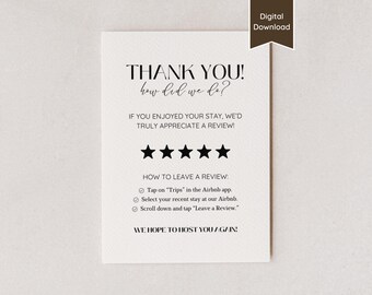 Please Leave a Review Sign; Feedback Request; Airbnb, Rental, Small Business; Printable PDF & Editable Canva Template; US Letter, A4 + More