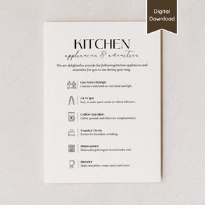 Kitchen Amenities List Sign for Airbnb; Kitchen Appliances and Resources Guide for Rental; A4, US Letter, 5x7, 8x10; Printable/Editable PDFs