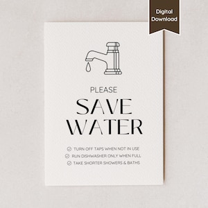 Please Save Water Sign for Airbnb; Turn Off Taps & Take Short Showers; Water Conservation Sign for Rental; Printable Download and Template