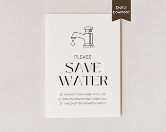 Please Save Water Sign for Airbnb; Turn Off Taps & Take Short Showers; Water Conservation Sign for Rental; Printable Download and Template