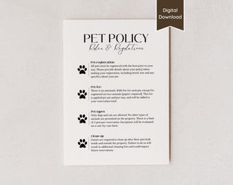Bordje Airbnb Pet Policy, afdrukbare pdf's en aanpasbare sjabloon, 5 x 7, 8 x 10, US Letter, A4