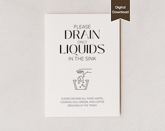 Drain Only Liquids Kitchen Sink Sign; No Food Waste or Scraps in Sink; Airbnb, Short-term Rental; A4, US Letter, 5x7, 8x10; Printable PDFs
