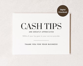 Cash Tips Appreciated Sign | Instant Download PDF | US Letter, A4, A5, 8x10, 4x6, 5x7