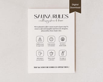 Sauna Rules & Safety Instructions Sign for Airbnb or VRBO Short-term Rental; A4 US Letter 5x7 8x10; Printable Sign / Editable Canva Template