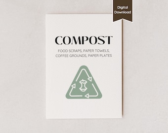 Panneau de compostage ; Guide d'instructions de tri des déchets respectueux de l'environnement ; Entreprise de location Airbnb ; Lettre US, A4, 5 x 7, 8 x 10 ; PDF imprimables et modifiables