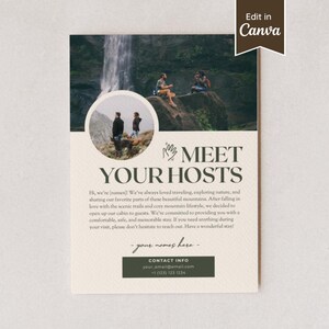 以下が含まれることがあります： 滝と山の風景写真、円形の挿入画像、および「MEET YOUR HOSTS」というテキストが記載された長方形のウェルカムサインテンプレート。デザインには、ホストの紹介、連絡先情報、Canvaバッジのプレースホルダーテキストが含まれています。