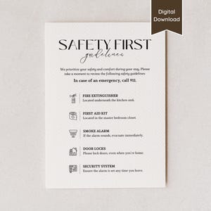 Pautas de seguridad para alquileres a corto plazo en Airbnb; Instrucciones sobre seguridad contra incendios, primeros auxilios, cerraduras y alarmas; A4, carta, 5x7, 8x10; Plantilla editable