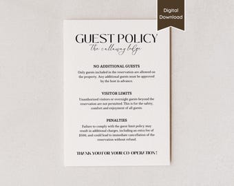 Guest Policy Sign for AirBnB; Additional Guest Rules; No Visitors in Rental; A4, US Letter, 5x7, 8x10; Printable PDF / Editable Template