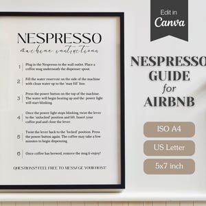 Letrero de instrucciones de Nespresso para huéspedes de Airbnb; Guía de máquinas de café para negocios de alquiler; Carta de EE. UU., A4, 5x7; Letrero imprimible en PDF y editable