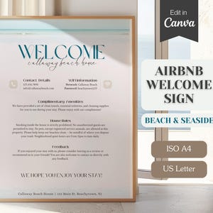 Letrero de bienvenida de Airbnb en la playa, normas de la casa, wifi; letrero editable e imprimible; tamaños carta EE. UU., A4; cabaña o casa con piscina VRBO junto al mar o al océano.