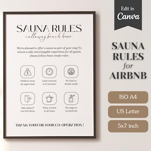 Letrero con normas e instrucciones de seguridad para sauna para alquileres a corto plazo en Airbnb o VRBO; tamaño A4, carta de EE. UU., 5x7; letrero imprimible y plantilla editable de Canva.