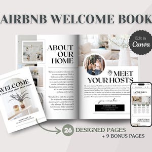 Plantilla de libro de bienvenida de Airbnb; folleto/carpeta de información profesional para alquileres a corto plazo; plantilla de Canva personalizable; A4, carta de EE. UU.;