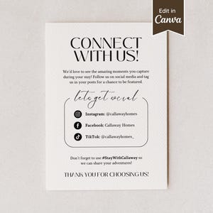 Let's Get Social Sign for Business / Rental; Connect With Us; Instagram, Facebook, TikTok, Twitter; US Letter A4 5x7 8x10; Editable Template