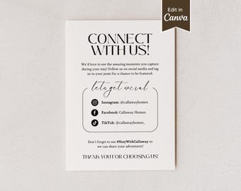 Let's Get Social Sign for Business / Rental; Connect With Us; Instagram, Facebook, TikTok, Twitter; US Letter A4 5x7 8x10; Editable Template