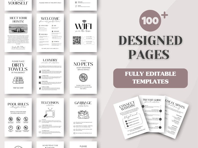 Pacote com mais de 100 placas para Airbnb: Boas-vindas, Comodidades, Regras, Instruções e muito mais; Modelos editáveis do Canva; Formatos Carta (EUA), A4 e 5x7; Download para impressão imagem 2