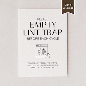 Empty Lint Trap Laundry Sign for Airbnb; Clean Dryer Vent Before Using Airbnb Sign; US Letter, A4, 5x7, 8x10; Printable PDF & Canva Template