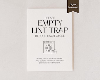 Empty Lint Trap Laundry Sign for Airbnb; Clean Dryer Vent Before Using Airbnb Sign; US Letter, A4, 5x7, 8x10; Printable PDF & Canva Template