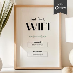 Placa de senha moderna "Mas primeiro, WiFi"; modelo personalizável e imprimível; Carta dos EUA, A4, 5x7; Pequenos negócios, Airbnb, Home Office, Eventos