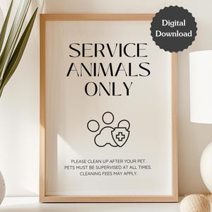 Letrero "Solo animales de servicio"; Letrero "No se permiten mascotas"; Limpie los excrementos de su mascota; Carta (EE. UU.), A4, 5 x 7; Letrero imprimible y plantilla personalizable de Canva.