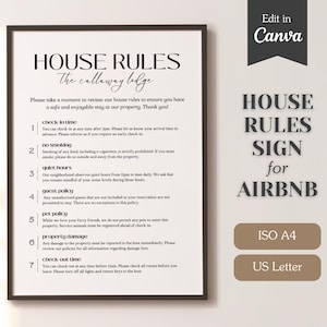 Letrero minimalista con las normas de la casa para alquileres de Airbnb o VRBO; instrucciones y reglamento; tamaño carta (EE. UU.) y A4; plantilla imprimible en PDF y editable.