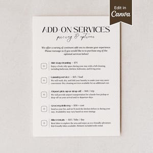 Add-on Services Price List for Airbnb Hosts; Additional Extra Upgrades; Cleaning, Laundry, Bike; A4, US Letter, 5x7, 8x10; Editable Template