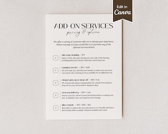 Add-on Services Price List for Airbnb Hosts; Additional Extra Upgrades; Cleaning, Laundry, Bike; A4, US Letter, 5x7, 8x10; Editable Template