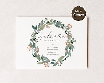 Panneau Wi-Fi de bienvenue ; Lettre US A4 5 x 7 8 x 10 ; Panneau indiquant la maison, la chambre, le bureau, le café ; Modèle de toile personnalisable ; Modifier et imprimer ; Fleurs bohèmes