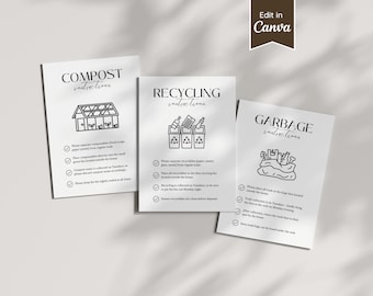 Conjunto de placas com instruções sobre lixo, reciclagem e compostagem; guias de separação de lixo; personalize no Canva; tamanhos Carta (EUA), A4, 5x7 e 8x10; download para impressão
