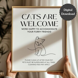 Letrero "Los gatos son bienvenidos"; Se aceptan mascotas / Políticas / Tarifas; Limpia los desechos de tu mascota; Airbnb, cuidador de mascotas, cafetería para gatos; Imprimible y editable en Canva