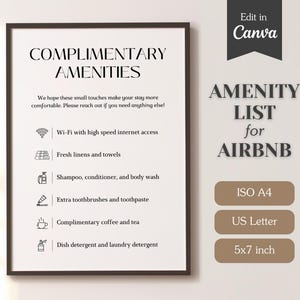 Lista de artículos de cortesía para anfitriones de Airbnb; Plantilla Canva totalmente personalizable; A4, Carta de EE. UU.; Lista de artículos de cortesía esenciales para huéspedes