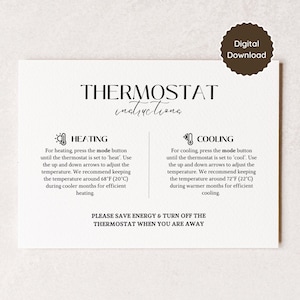 Placa com instruções para termostato do Airbnb; Guia de ar condicionado e aquecimento; Controle de temperatura; Editável/Imprimível; A5, Meia Carta (EUA), 5x7, 4x6