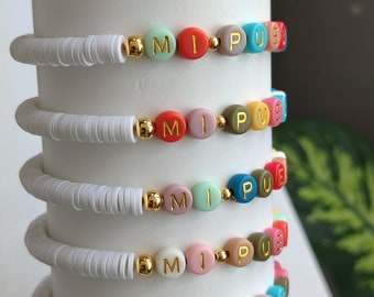 Custom Name Beaded Bracelet – Personalized Letter Charm, Stretchy Fit