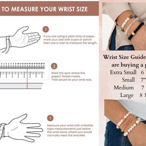 May include: Diagram illustrating how to measure wrist size using paper or a flexible tape measure. Includes a wrist size guide for gifts, with sizes ranging from 6 1/2 inches to 8 1/2 inches. Several bracelets are shown.