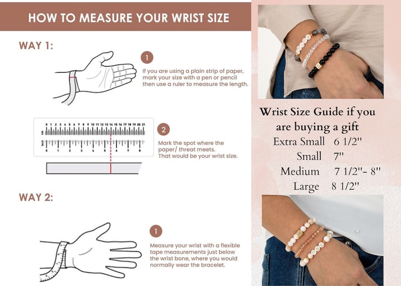 May include: Diagram illustrating how to measure wrist size using paper or a flexible tape measure. Includes a wrist size guide for gifts, with sizes ranging from 6 1/2 inches to 8 1/2 inches. Several bracelets are shown.