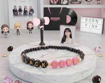 Pink and Black Aesthetic Beaded Bracelet Set - Kpop Fan Inspired Jewelry - Custom Letter Name Beads - Girly Stackable Friendship Bracelets